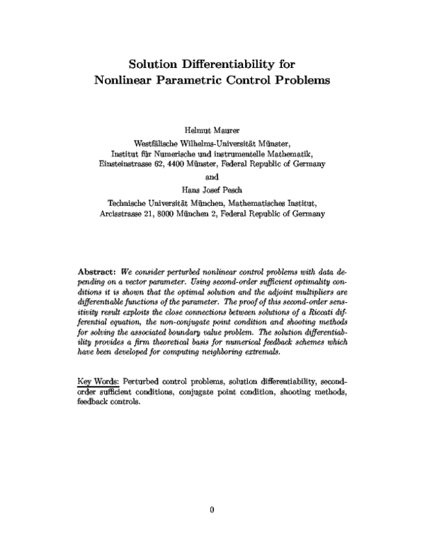(PDF) Solution Differentiability for Nonlinear Parametric Control Problems