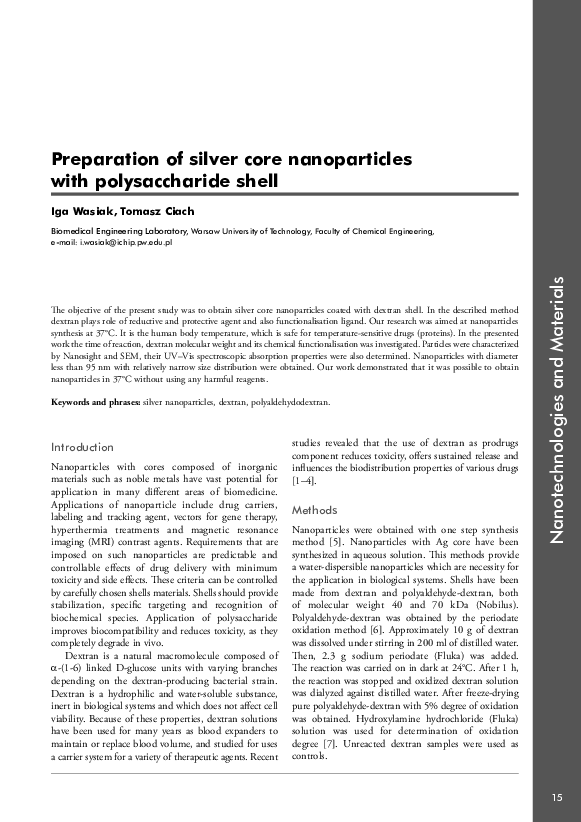 (PDF) Preparation of silver core nanoparticles with polysaccharide shell