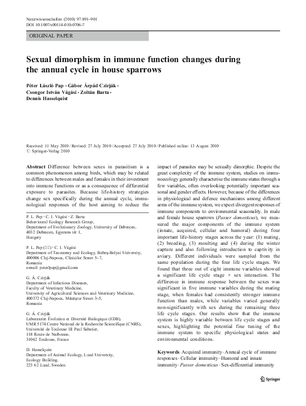 (PDF) Sexual dimorphism in immune function changes during the annual ...