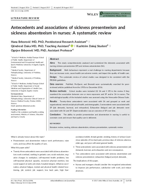 (PDF) Antecedents and associations of sickness presenteeism and ...