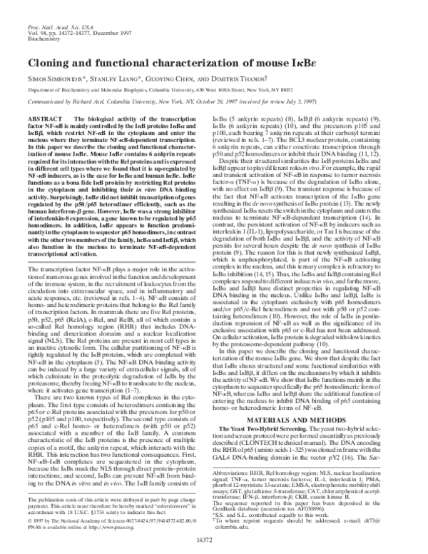 (PDF) Cloning and functional characterization of mouse IκBɛ