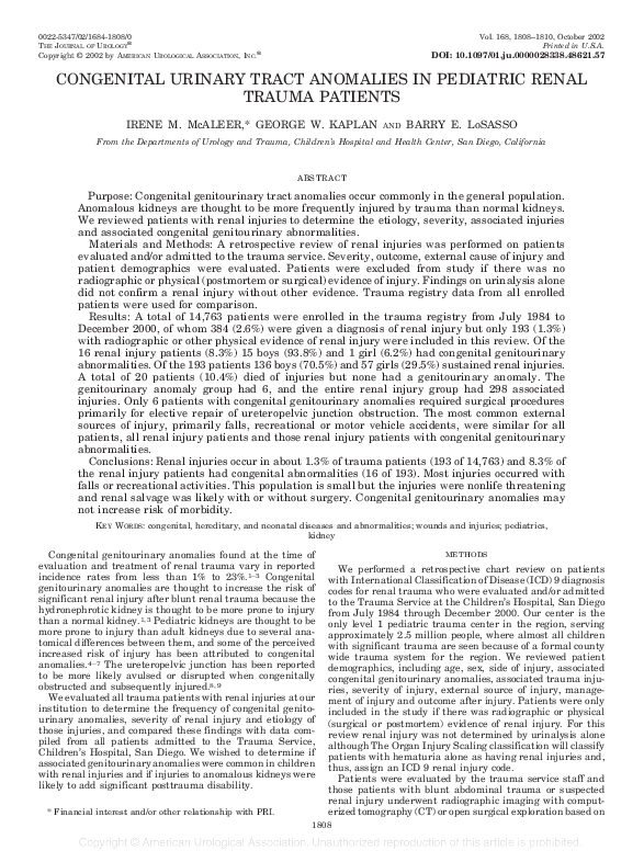 (PDF) Congenital urinary tract anomalies in pediatric renal trauma patients