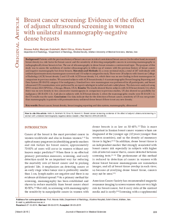 (PDF) Breast cancer screening: Evidence of the effect of adjunct ...