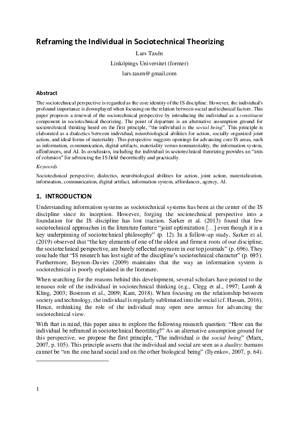 (PDF) Reframing the Individual in Sociotechnical Theorizing