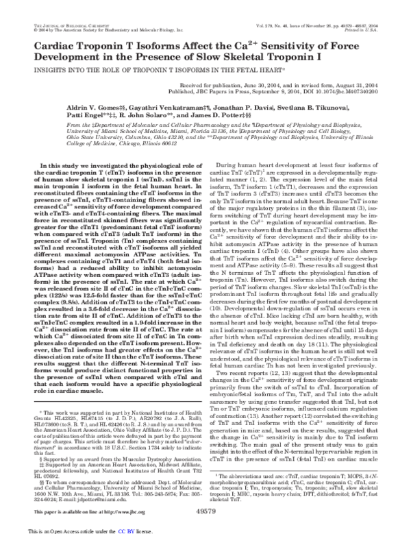 (PDF) Cardiac Troponin T Isoforms Affect the Ca2+ Sensitivity of Force ...