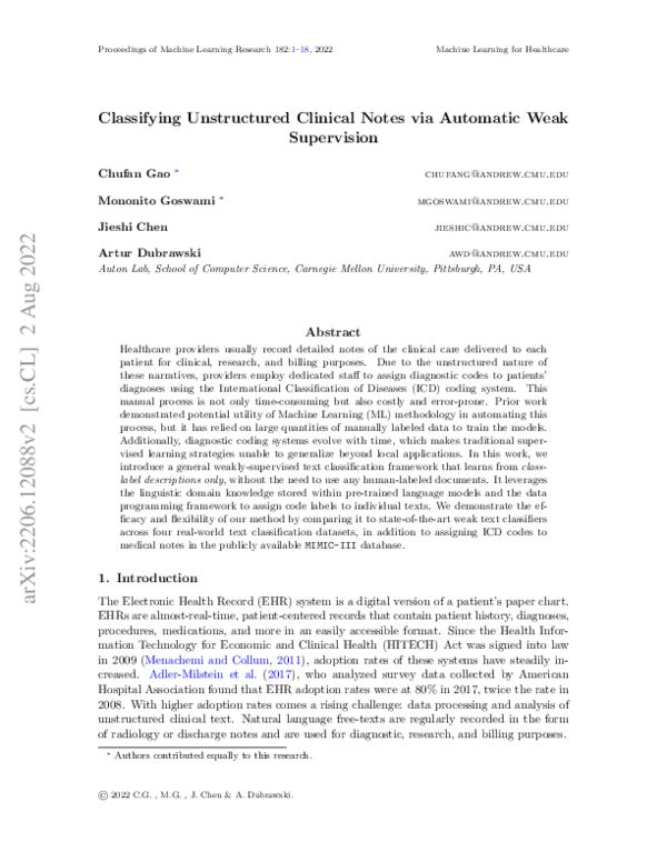 (PDF) Classifying Unstructured Clinical Notes via Automatic Weak ...