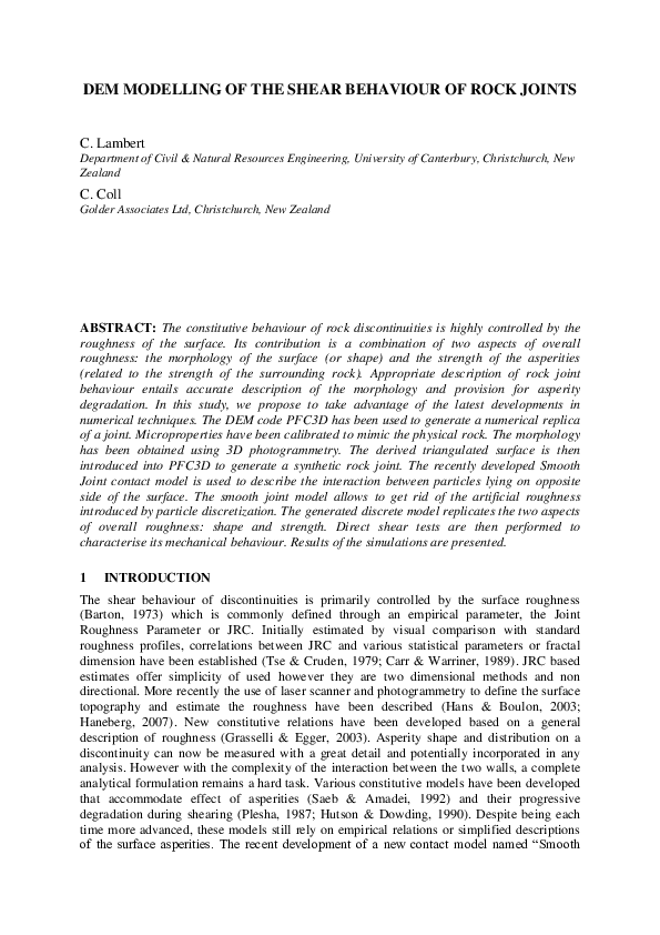 (PDF) DEM modelling of the shear behaviour of rock joints | Claudia ...