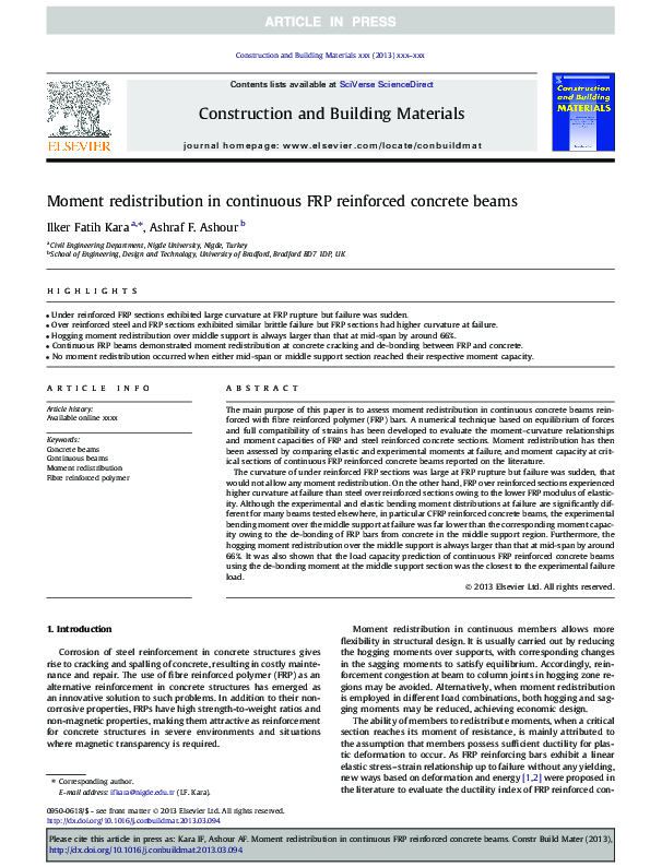 (PDF) Moment Redistribution in Continuous FRP Reinforced Concrete Beams
