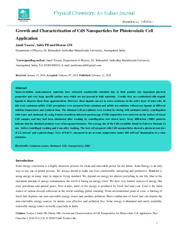(PDF) Growth and Characterization of CdS Nanoparticles for ...