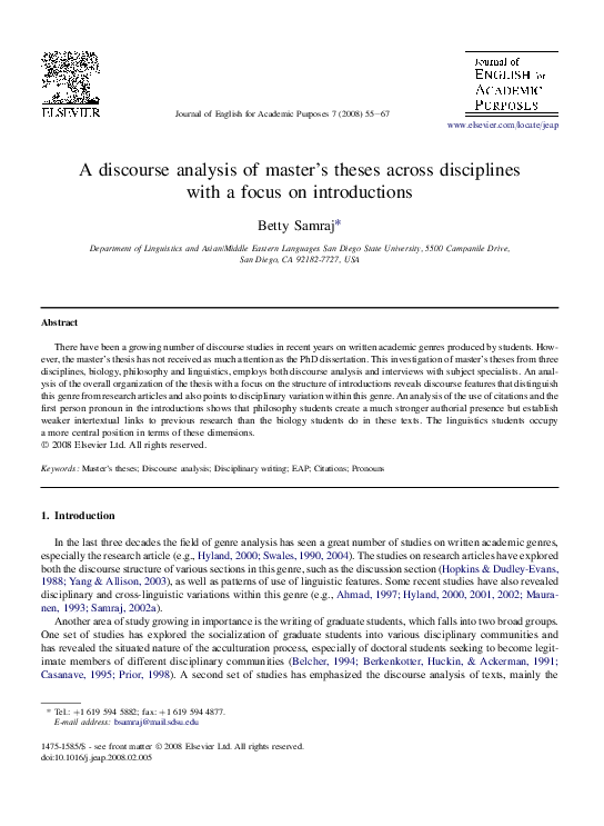 (PDF) A discourse analysis of master's theses across disciplines with a ...