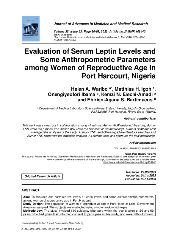 (PDF) Evaluation of Serum Leptin Levels and Some Anthropometric ...