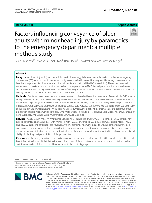 (PDF) Factors influencing conveyance of older adults with minor head ...