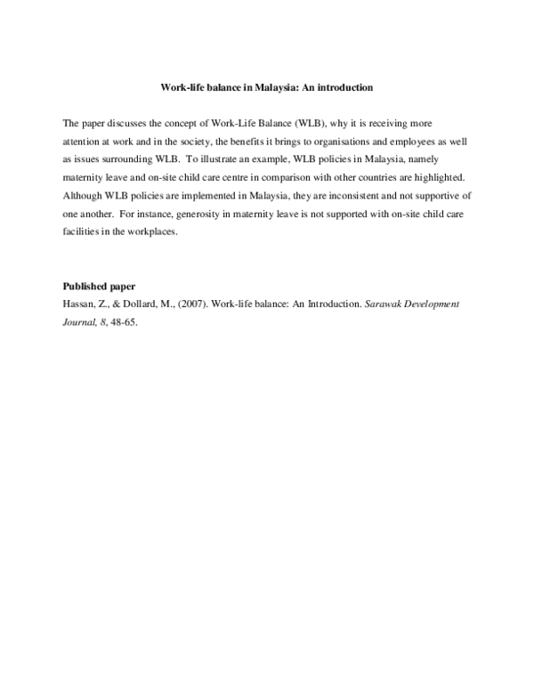 (PDF) Work-life balance in Malaysia : An introduction