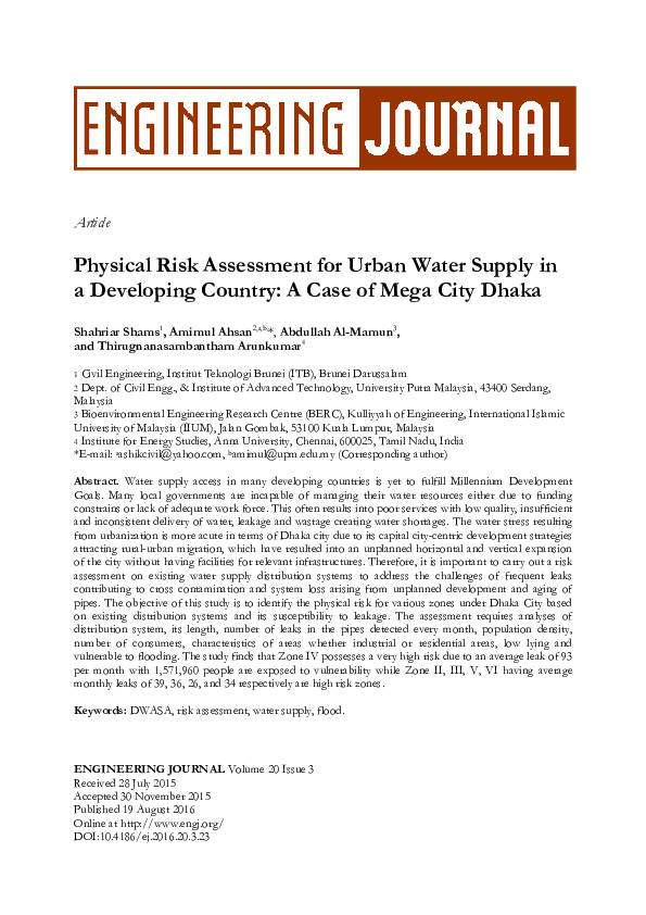 (PDF) Physical Risk Assessment for Urban Water Supply in a Developing ...