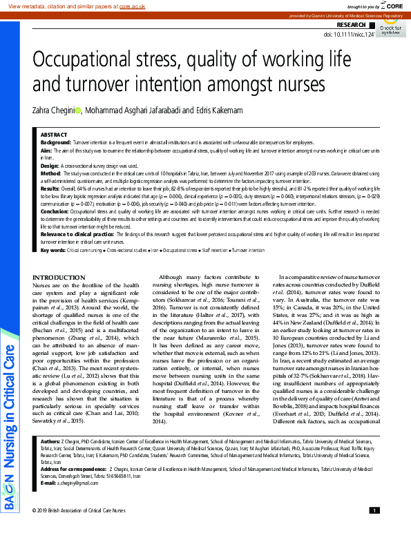 (PDF) Occupational stress, quality of working life and turnover ...