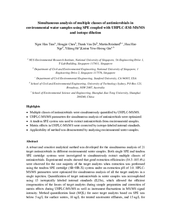 (PDF) Simultaneous analysis of multiple classes of antimicrobials in ...