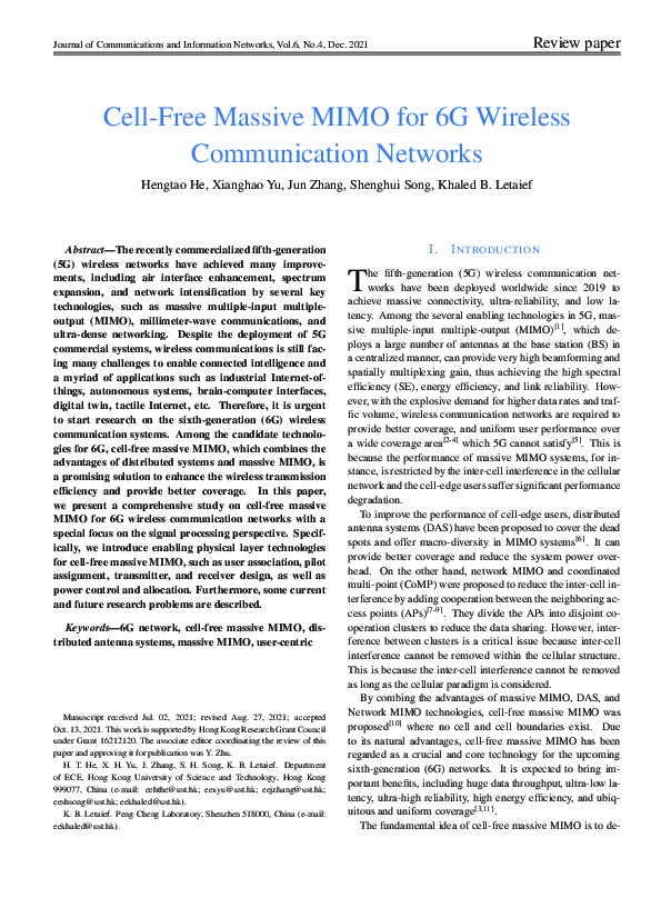 (PDF) Cell-Free Massive MIMO for 6G Wireless Communication Networks