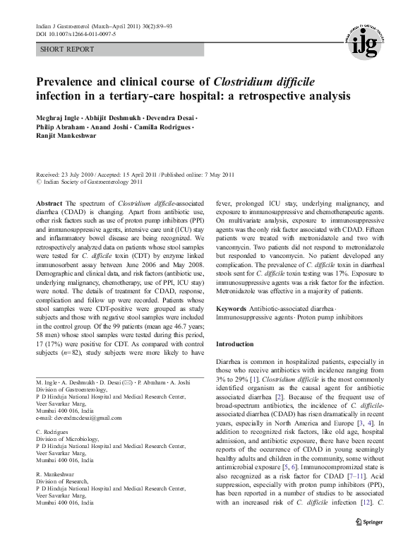(PDF) Prevalence and clinical course of Clostridium difficile infection ...