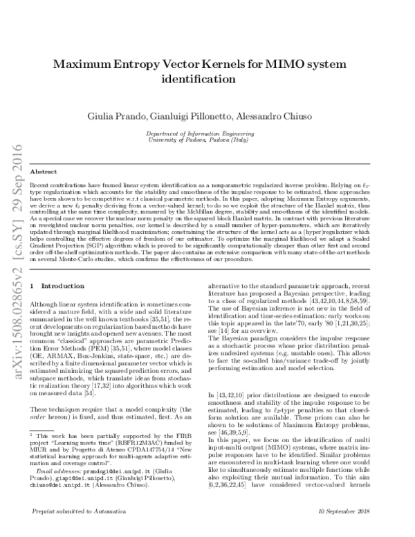 (PDF) Maximum Entropy vector kernels for MIMO system identification