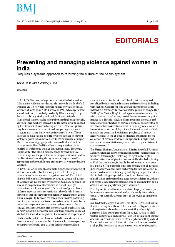 (PDF) Preventing and managing violence against women in India