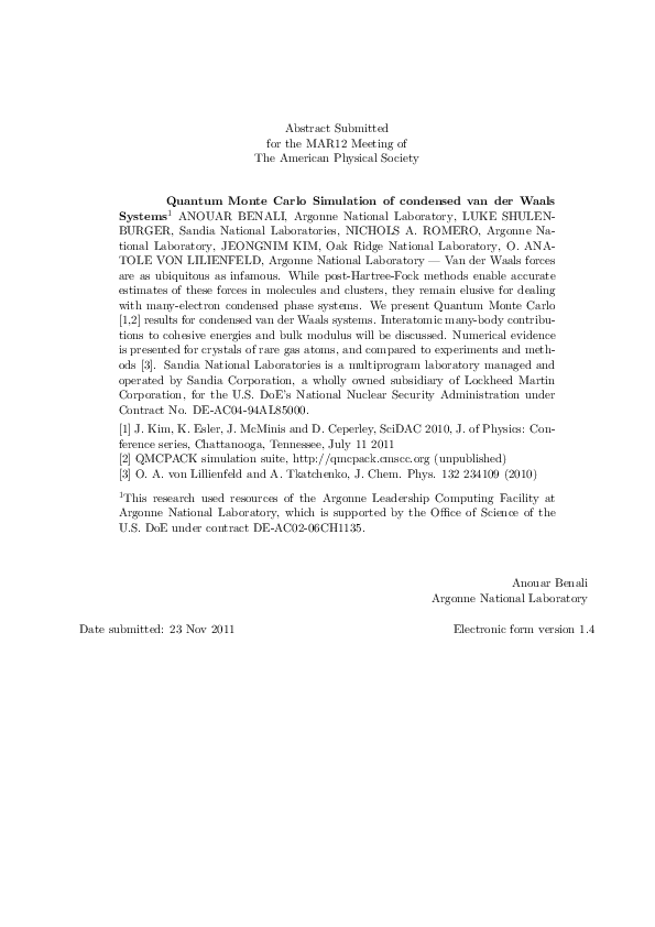 (PDF) Quantum Monte Carlo Simulation of condensed van der Waals Systems