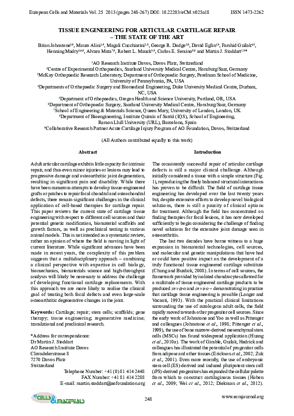 (PDF) Tissue engineering for articular cartilage repair – the state of ...
