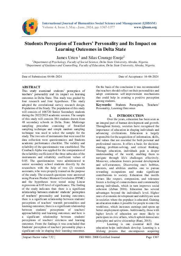 (PDF) Students Perception of Teachers’ Personality and Its Impact on ...
