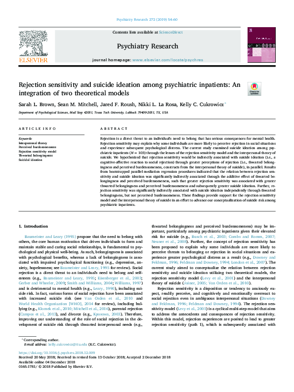 (PDF) Rejection sensitivity and suicide ideation among psychiatric ...