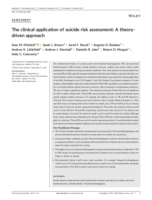 (PDF) The clinical application of suicide risk assessment: A theory ...