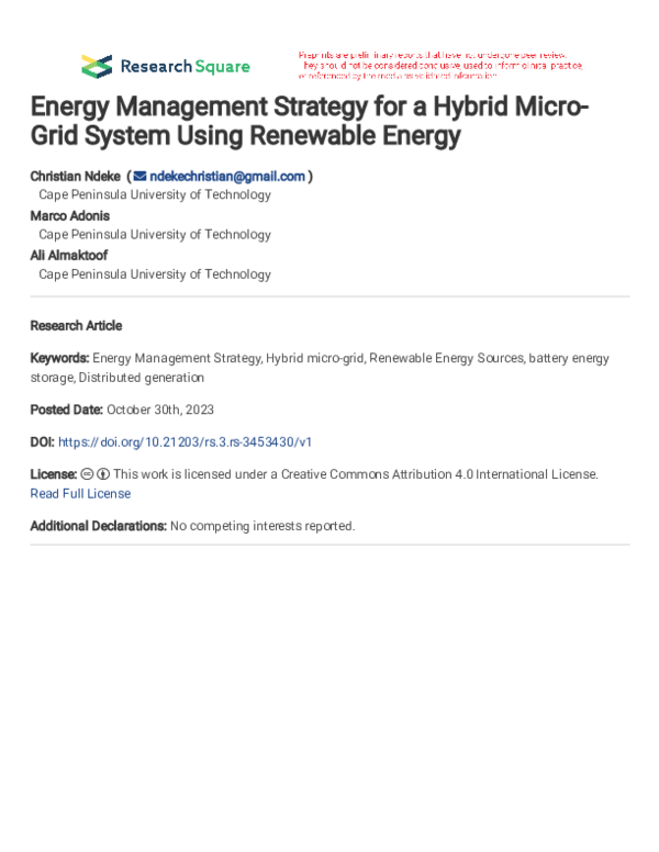 (PDF) Energy Management Strategy for a Hybrid Micro-Grid System Using ...