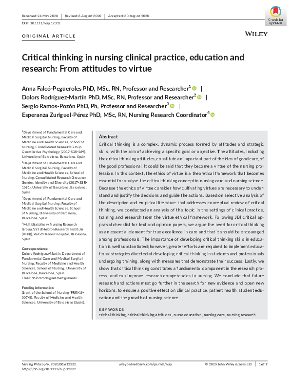 (PDF) Critical thinking in nursing clinical practice, education and ...