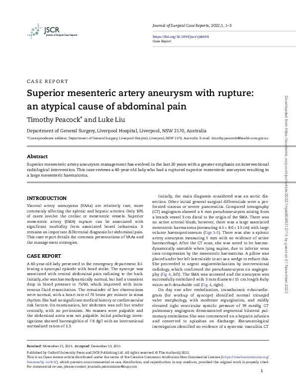 (PDF) Superior mesenteric artery aneurysm with rupture: an atypical ...