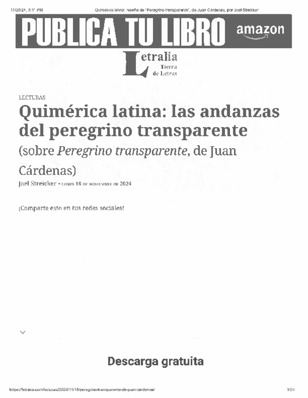 (PDF) Quimérica latina reseña de “Peregrino transparente”, de Juan Cárdenas