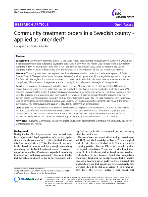(PDF) Community treatment orders in a Swedish county--applied as intended?