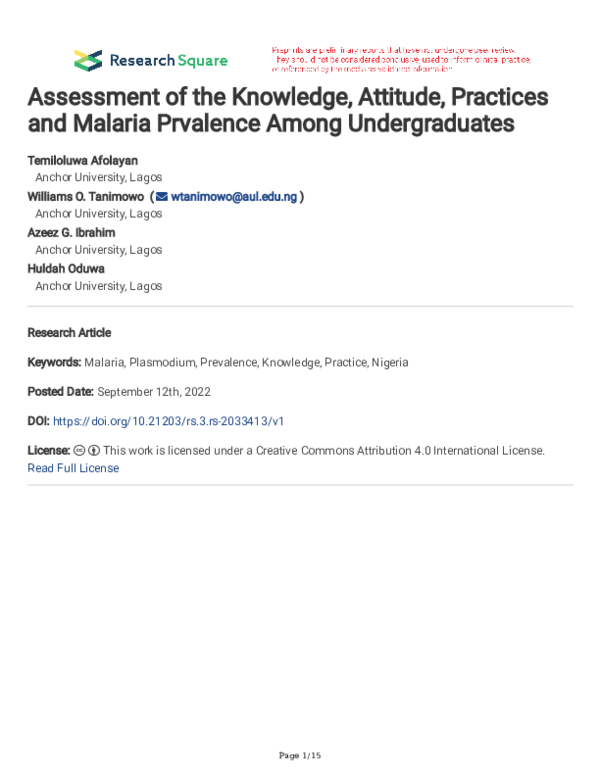 (PDF) Assessment of the Knowledge, Attitude, Practices and Malaria ...