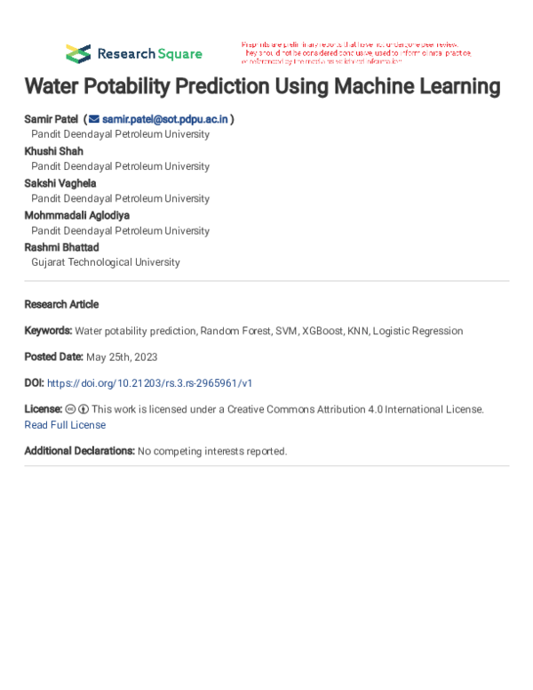 (PDF) Water Potability Prediction Using Machine Learning