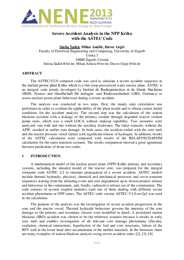 (PDF) Severe Accident Analysis in the NPP Krško with the ASTEC Code