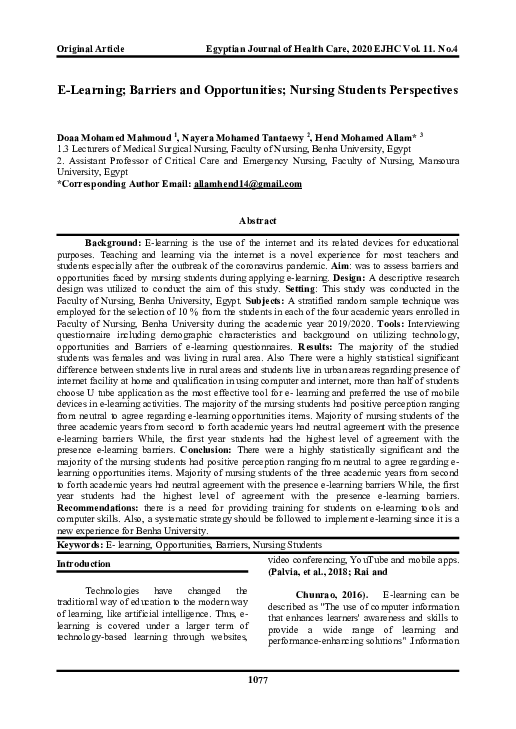 (PDF) E-Learning; Barriers and Opportunities; Nursing Students Perspectives