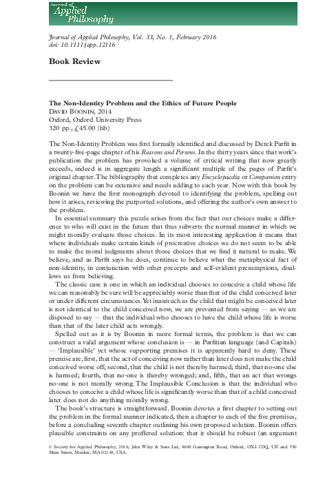 (PDF) The Non-Identity Problem and the Ethics of Future People by David ...