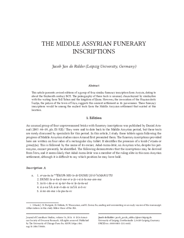 (PDF) The Middle Assyrian Funerary Inscriptions, JCS 76 (2024) 199-220.