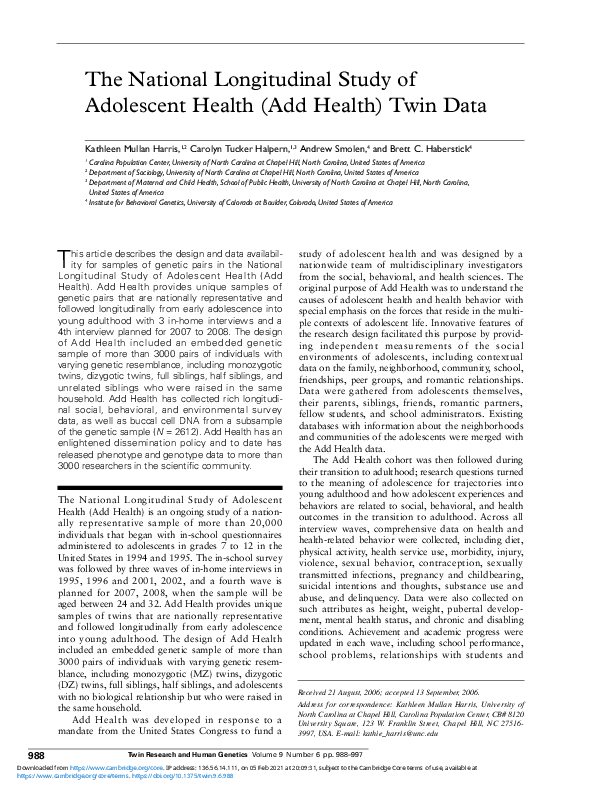 (PDF) The National Longitudinal Study of Adolescent Health (Add Health ...