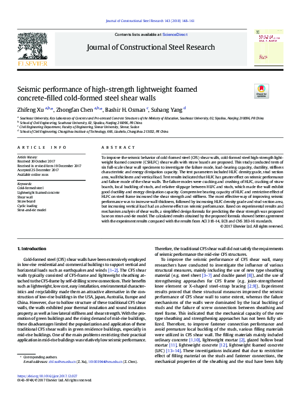 (PDF) Seismic Performance of CFS Shear Walls with HLFC