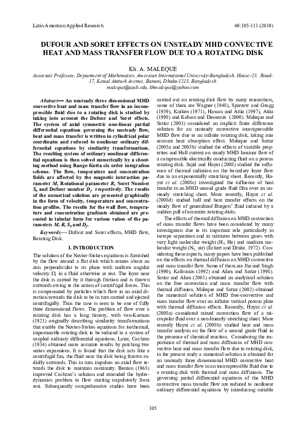 (PDF) Dufour and Soret effects on unsteady MHD convective heat and mass ...