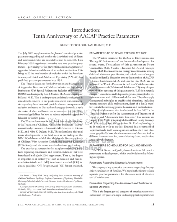 (PDF) Introduction: Tenth Anniversary of AACAP Practice Parameters