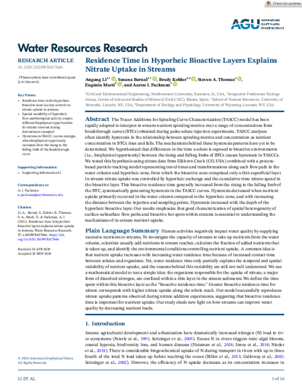 (PDF) Residence Time in Hyporheic Bioactive Layers Explains Nitrate ...