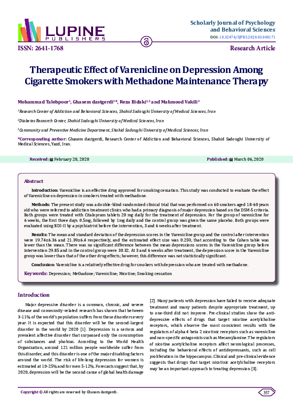 (PDF) Therapeutic Effect of Varenicline on Depression Among Cigarette ...