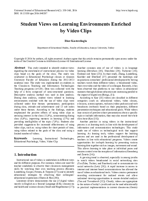 (PDF) Student Views on Learning Environments Enriched by Video Clips