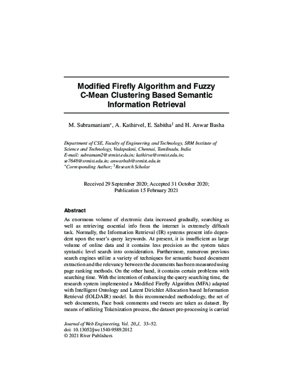 (PDF) Modified Firefly Algorithm and Fuzzy C-Mean Clustering Based ...