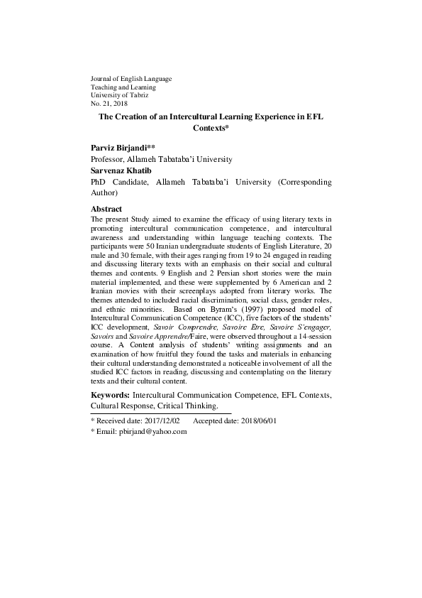 (PDF) The Creation of an Intercultural Learning Experience in EFL Contexts