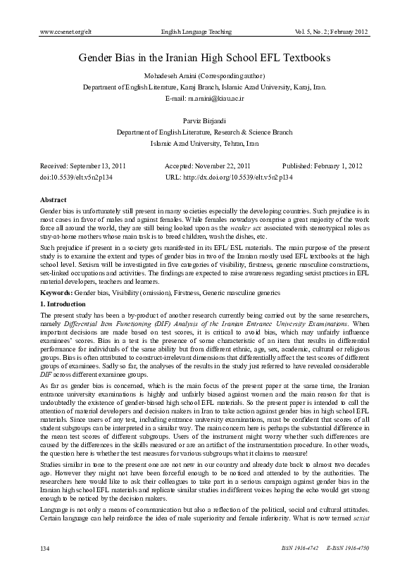 (PDF) Gender Bias in the Iranian High School EFL Textbooks